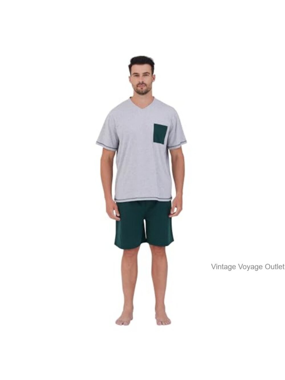 Mens Pajama Set 100% Cotton V-Neck Short Sleeve Top & Shorts Sleepwear Set